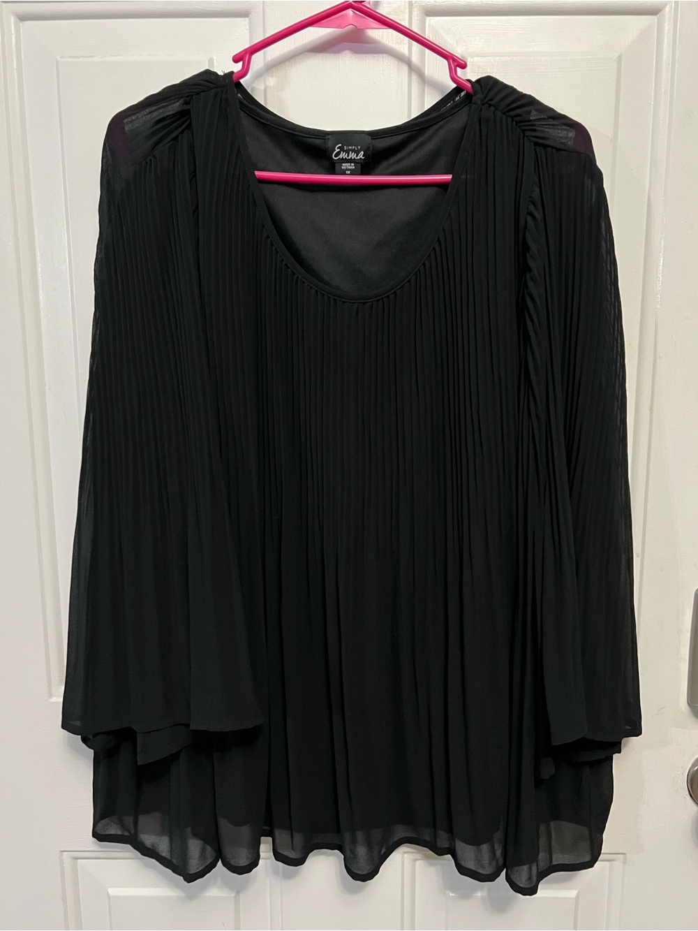 Simply Emma 1X Black Pleated Sheer Sleeve Blouse Top Lined Bodice Flowy